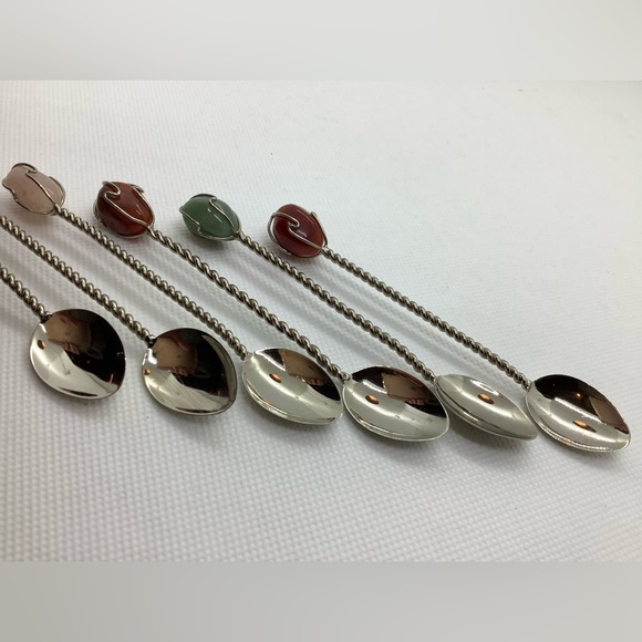 Silver Tone Twisted Semi Precious Gemstone Handle Demitasse Spoons Set of 6 - Picture 10 of 16